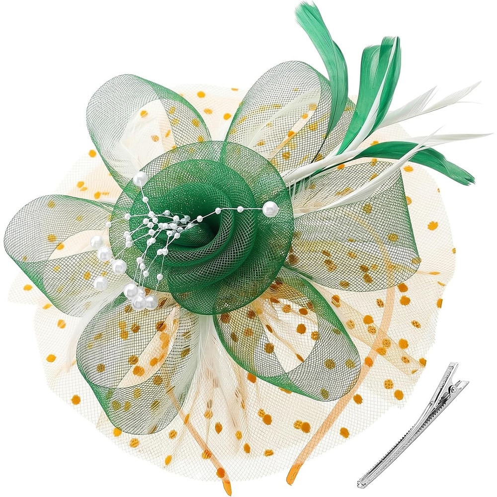 image:imageDRESHOW Fascinators Hat Flower Mesh Ribbons Feathers on a Headband and a Clip Tea Party Headwear for Girls and Women7 Diameter Green White Orange
