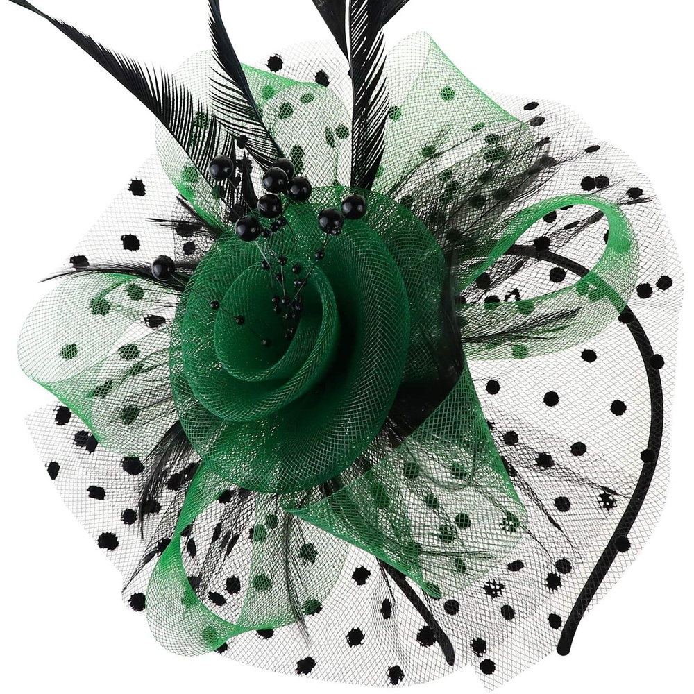 image:imageDRESHOW Fascinators Hat Flower Mesh Ribbons Feathers on a Headband and a Clip Tea Party Headwear for Girls and Women7 Diameter Green Black