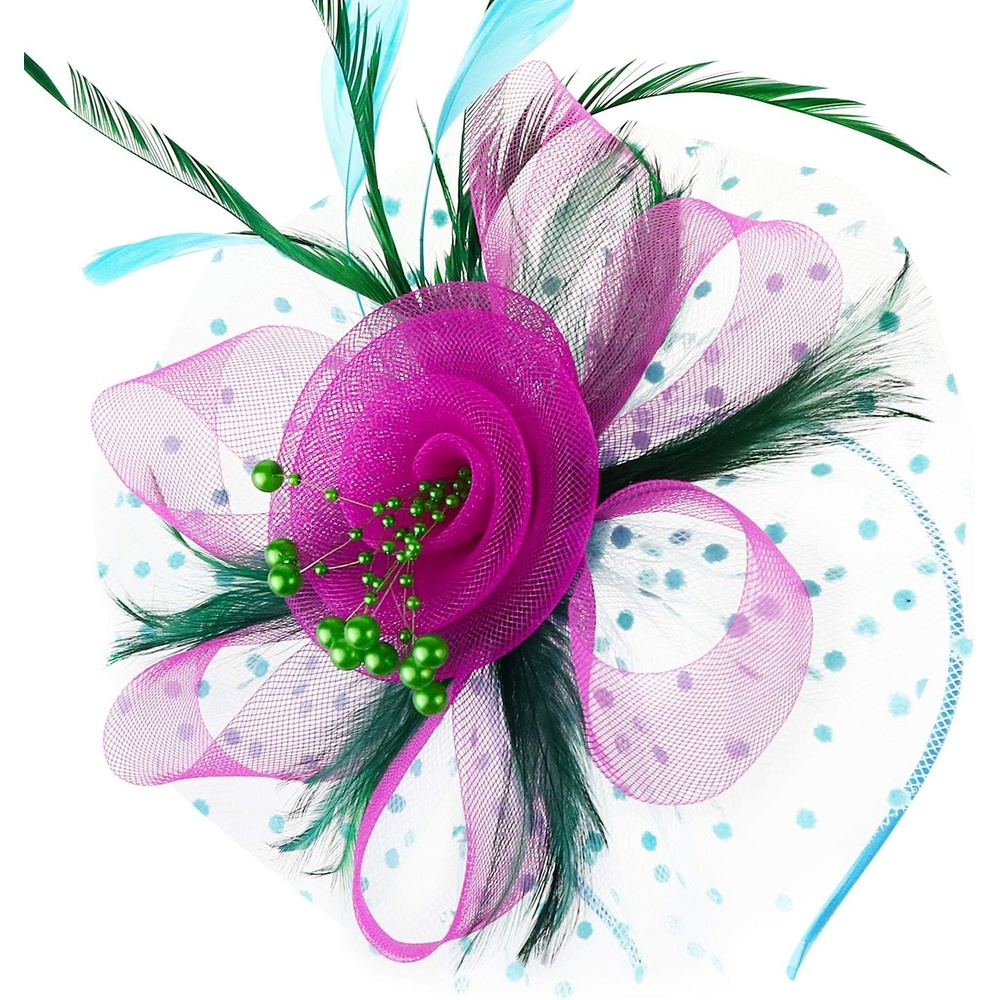 image:imageDRESHOW Fascinators Hat Flower Mesh Ribbons Feathers on a Headband and a Clip Tea Party Headwear for Girls and Women7 Diameter Green Rose Sky Blue