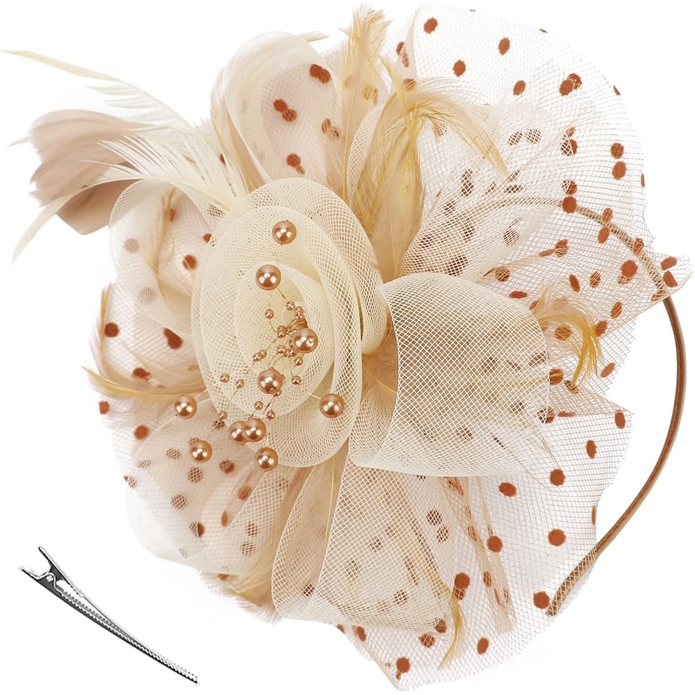 image:imageDRESHOW Fascinators Hat Flower Mesh Ribbons Feathers on a Headband and a Clip Tea Party Headwear for Girls and Women7 Diameter Khaki Apricot