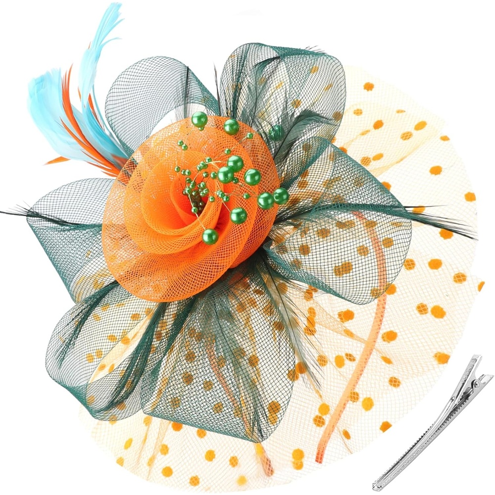 image:imageDRESHOW Fascinators Hat Flower Mesh Ribbons Feathers on a Headband and a Clip Tea Party Headwear for Girls and Women7 Diameter Orange Dark Green Teal