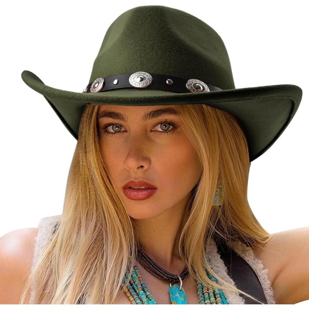 image:imageDRESHOW Women Men Classic Felt Wide Brim Western Cowboy amp Cowgirl Cap Belt Buckle Retro Panama Hat Unisex Rolled up Caps1 Pack Style 1 Army Green Hat Circumference 22228