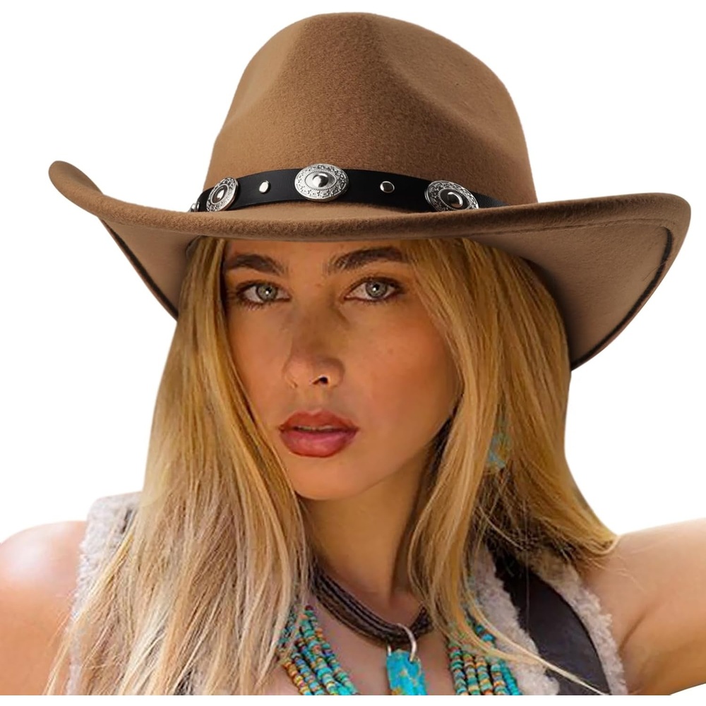 image:imageDRESHOW Women Men Classic Felt Wide Brim Western Cowboy amp Cowgirl Cap Belt Buckle Retro Panama Hat Unisex Rolled up Caps1 Pack Style 1 Brown Hat Circumference 22228