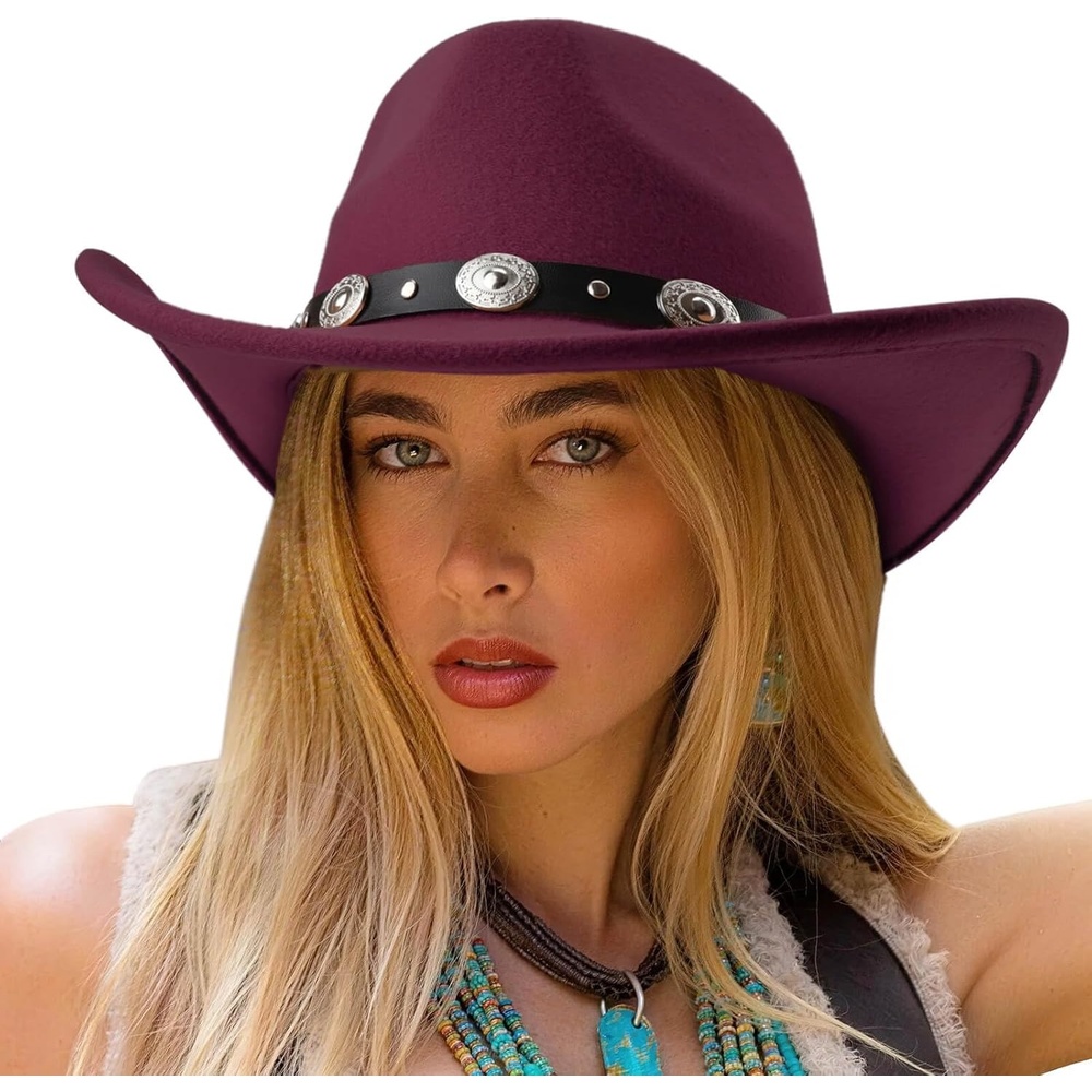 image:imageDRESHOW Women Men Classic Felt Wide Brim Western Cowboy amp Cowgirl Cap Belt Buckle Retro Panama Hat Unisex Rolled up Caps1 Pack Style 1 Burgundy Hat Circumference 22228