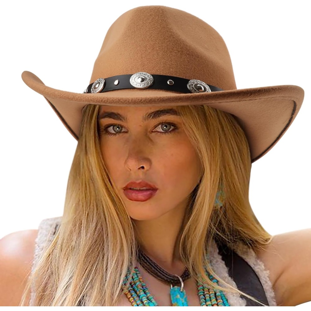 image:imageDRESHOW Women Men Classic Felt Wide Brim Western Cowboy amp Cowgirl Cap Belt Buckle Retro Panama Hat Unisex Rolled up Caps1 Pack Style 1 Khaki Hat Circumference 22228