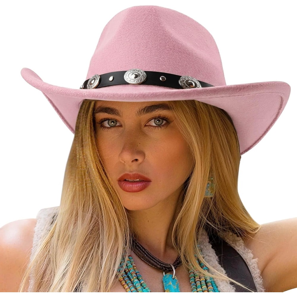 image:imageDRESHOW Women Men Classic Felt Wide Brim Western Cowboy amp Cowgirl Cap Belt Buckle Retro Panama Hat Unisex Rolled up Caps1 Pack Style 1 Pink Hat Circumference 22228