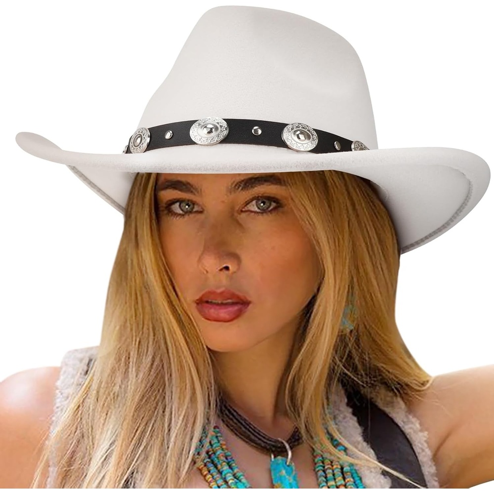 image:imageDRESHOW Women Men Classic Felt Wide Brim Western Cowboy amp Cowgirl Cap Belt Buckle Retro Panama Hat Unisex Rolled up Caps1 Pack White Cowboy Hat Hat Circumference 22228