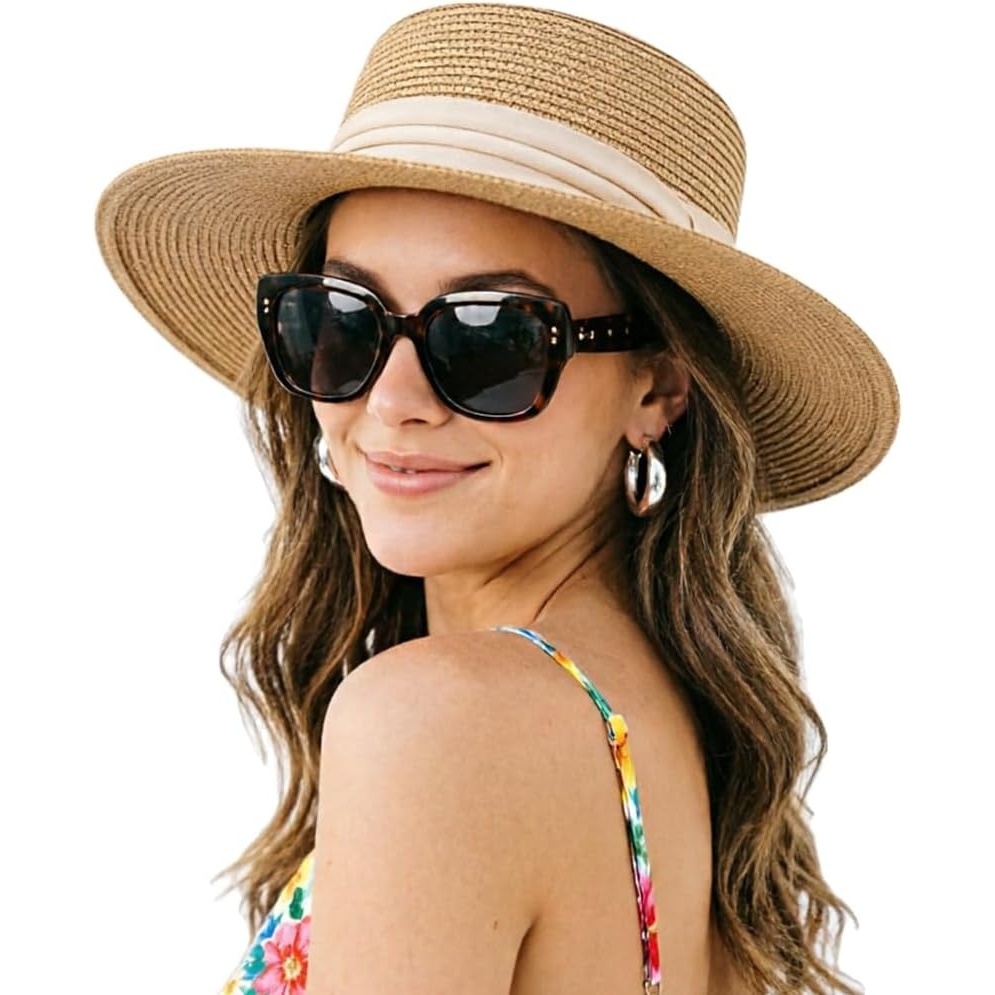 image:imageDRESHOW Women Straw Panama Hat Travel Fedora Beach Sun Hat Summer Wide Brim Straw Roll up Hats UPF 501 Pack Boater Hat Khaki With Beige Band