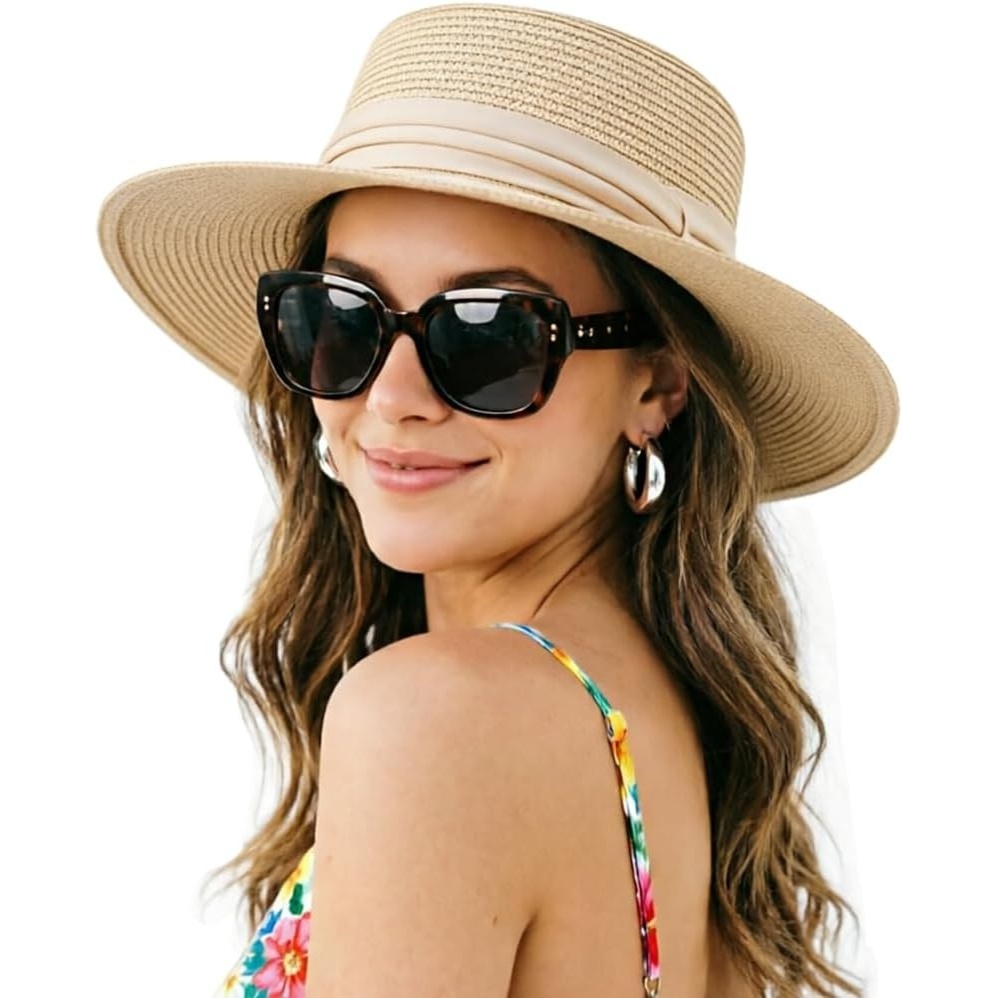 image:imageDRESHOW Women Straw Panama Hat Travel Fedora Beach Sun Hat Summer Wide Brim Straw Roll up Hats UPF 501 Pack Boater Hat Light Beige With Beige Band
