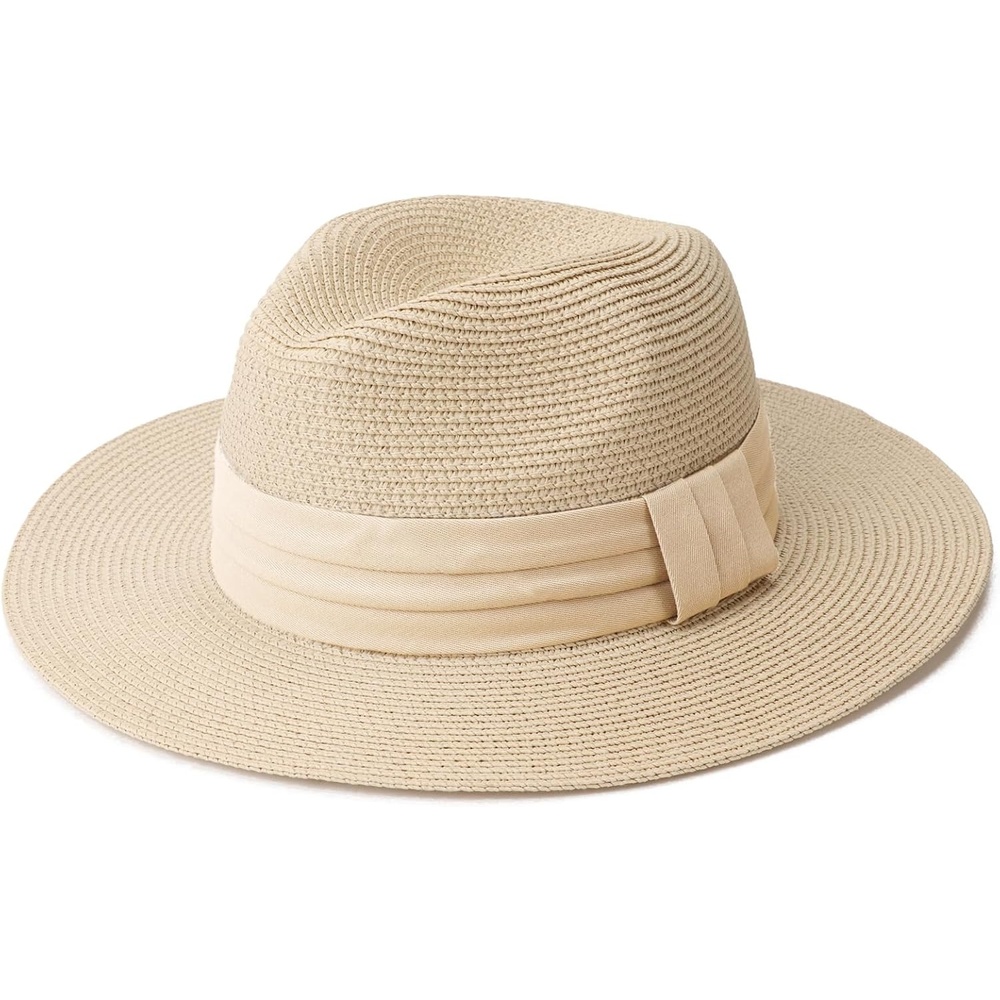 image:imageDRESHOW Women Straw Panama Hat Travel Fedora Beach Sun Hat Summer Wide Brim Straw Roll up Hats UPF 50Beige Hat With Cream Band a