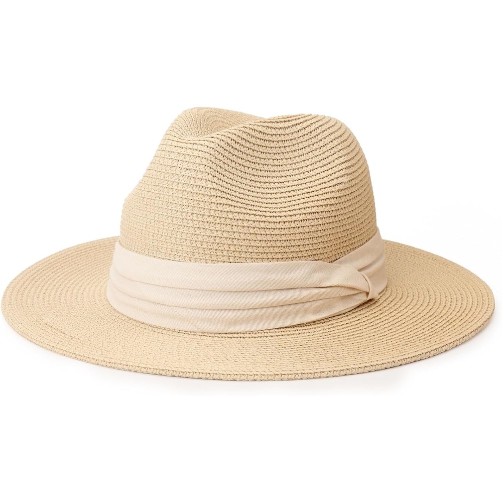 image:imageDRESHOW Women Straw Panama Hat Travel Fedora Beach Sun Hat Summer Wide Brim Straw Roll up Hats UPF 50Fedora Hat Beige Beige Ribbon