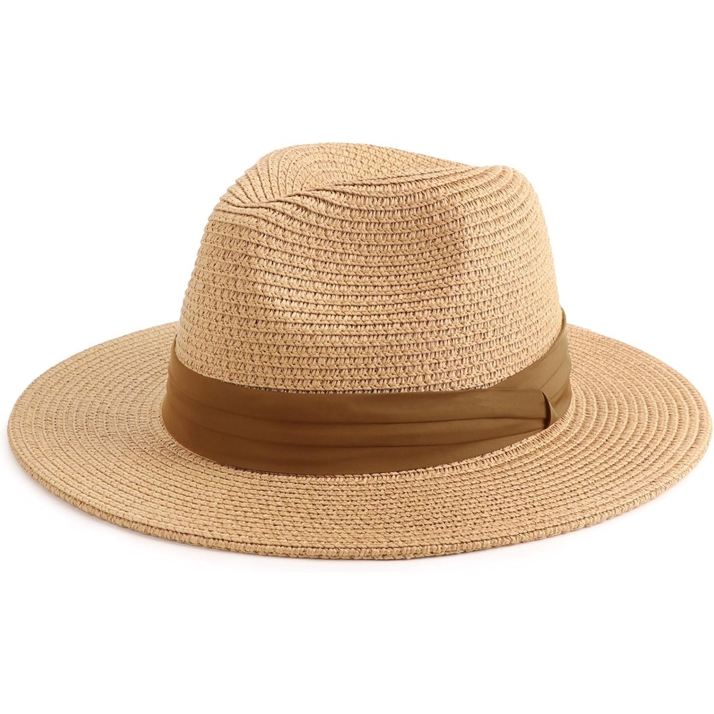 image:imageDRESHOW Women Straw Panama Hat Travel Fedora Beach Sun Hat Summer Wide Brim Straw Roll up Hats UPF 50Fedora Hat Khaki Brown Ribbon