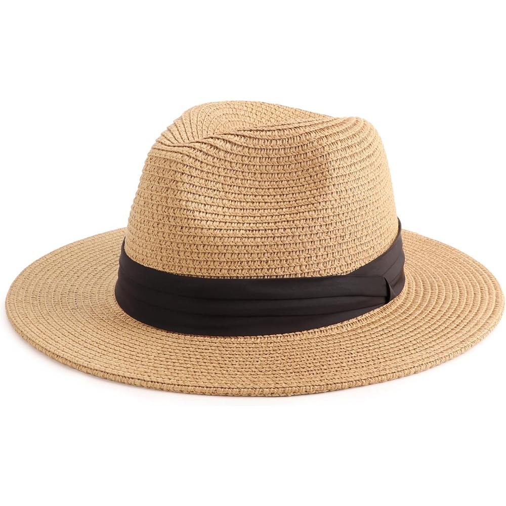 image:imageDRESHOW Women Straw Panama Hat Travel Fedora Beach Sun Hat Summer Wide Brim Straw Roll up Hats UPF 50Fedora Khaki