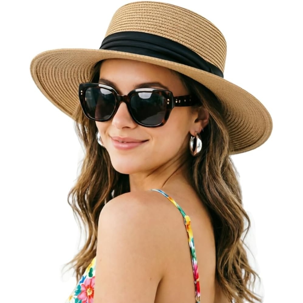 image:imageDRESHOW Women Straw Panama Hat Travel Fedora Beach Sun Hat Summer Wide Brim Straw Roll up Hats UPF 50Fedora L Khaki