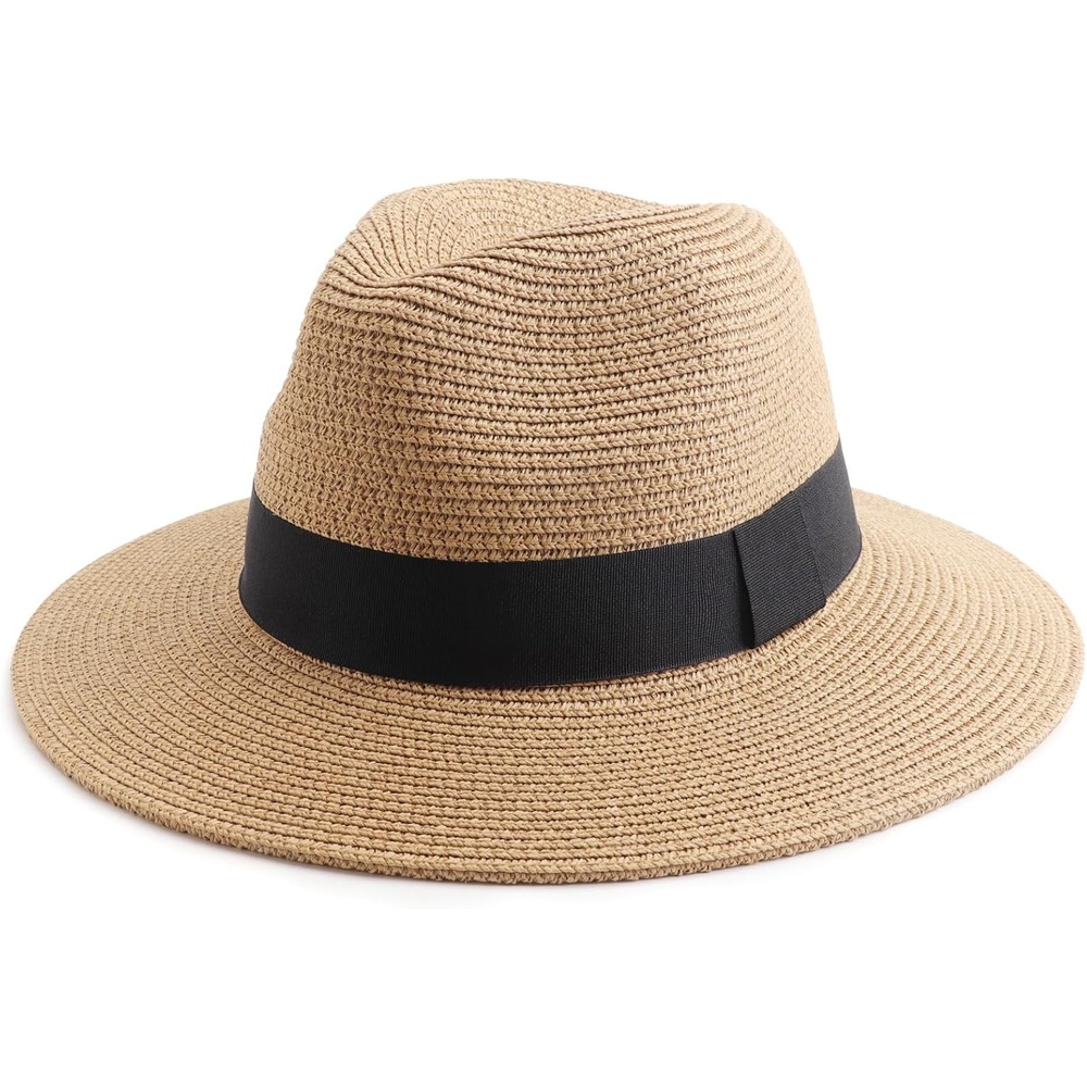 image:imageDRESHOW Women Straw Panama Hat Travel Fedora Beach Sun Hat Summer Wide Brim Straw Roll up Hats UPF 50Fedora a Khaki