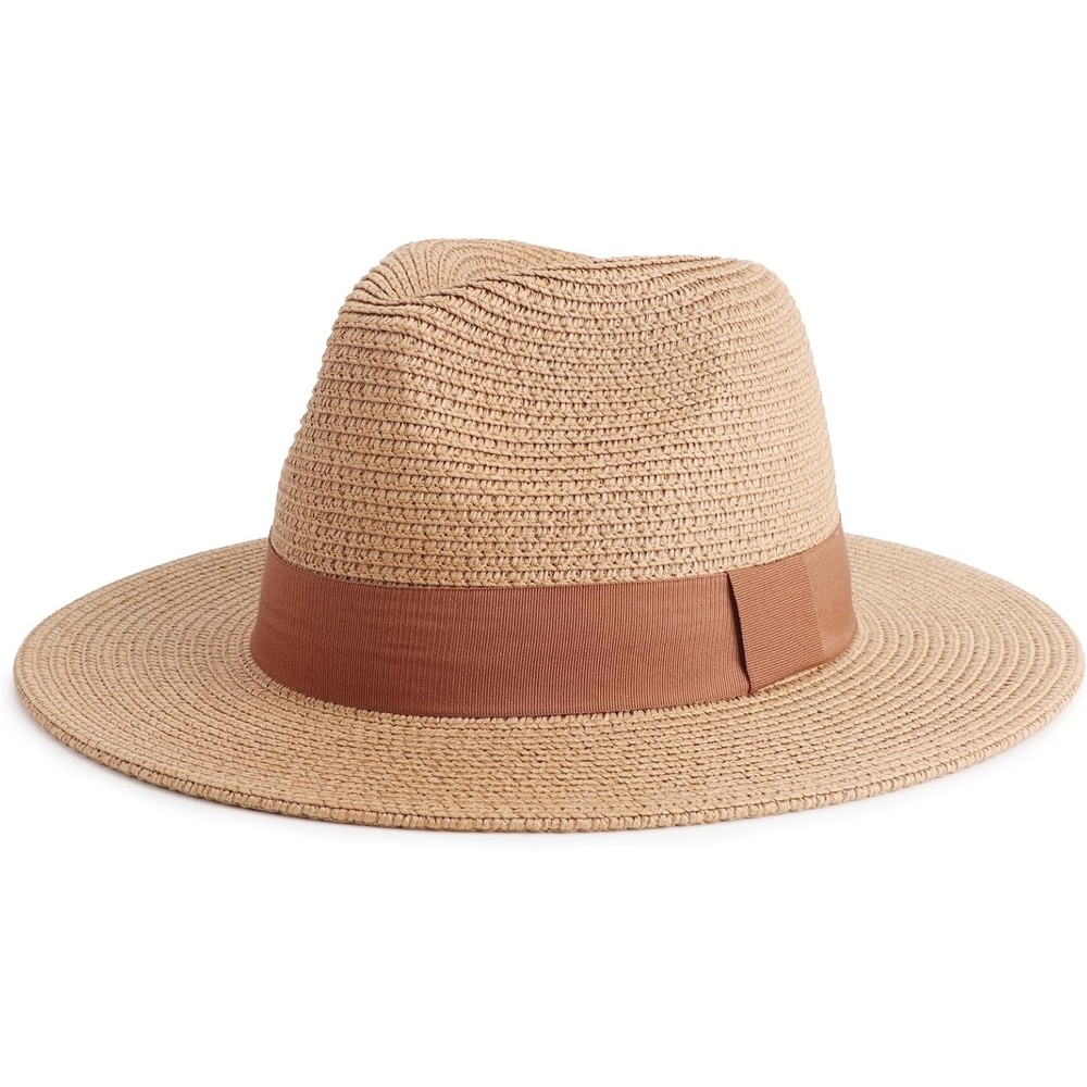 image:imageDRESHOW Women Straw Panama Hat Travel Fedora Beach Sun Hat Summer Wide Brim Straw Roll up Hats UPF 50Fedora a Khaki Brown Hatband