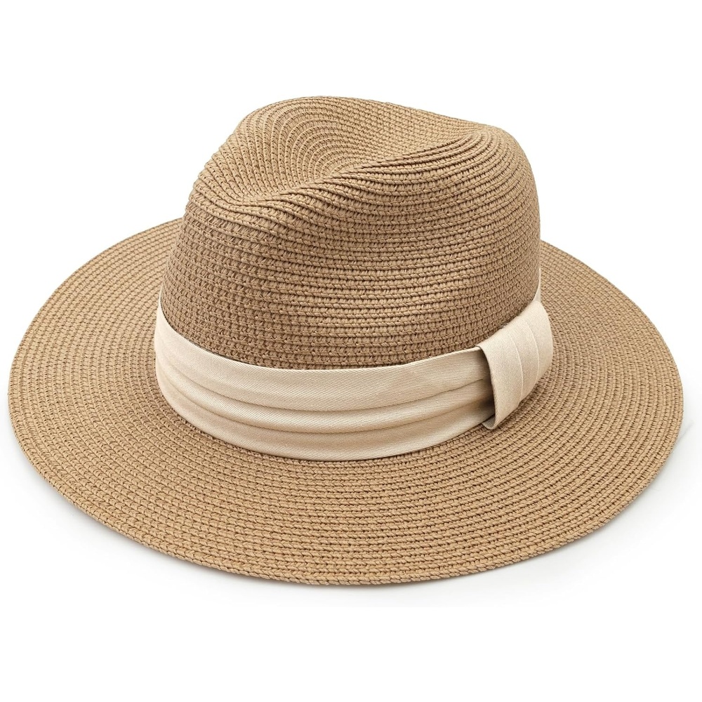 image:imageDRESHOW Women Straw Panama Hat Travel Fedora Beach Sun Hat Summer Wide Brim Straw Roll up Hats UPF 50Khaki Hat With Cream Band