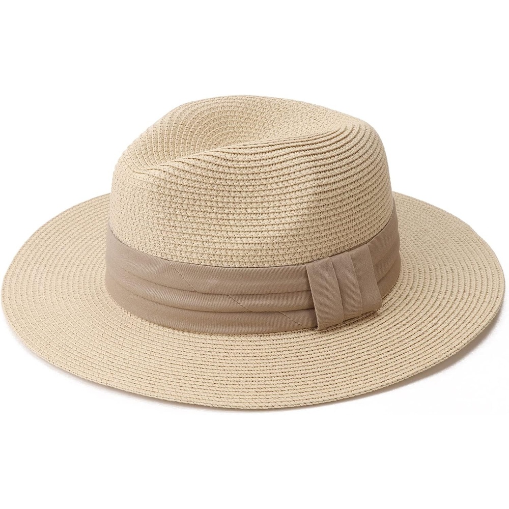 image:imageDRESHOW Women Straw Panama Hat Travel Fedora Beach Sun Hat Summer Wide Brim Straw Roll up Hats UPF 50Wide Brim Hat Khaki Square Knot