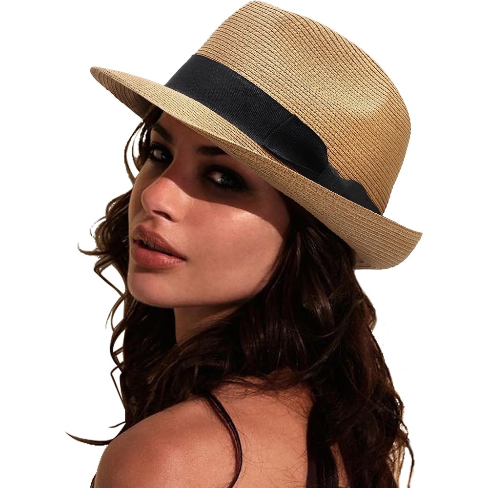 image:imageDRESHOW Women Straw Sun Hat Short Brim Panama Travel Fedora Summer Hat Roll Up Beach Cap for Women UPF 501 Pack Rolled Hat Khaki Black Band
