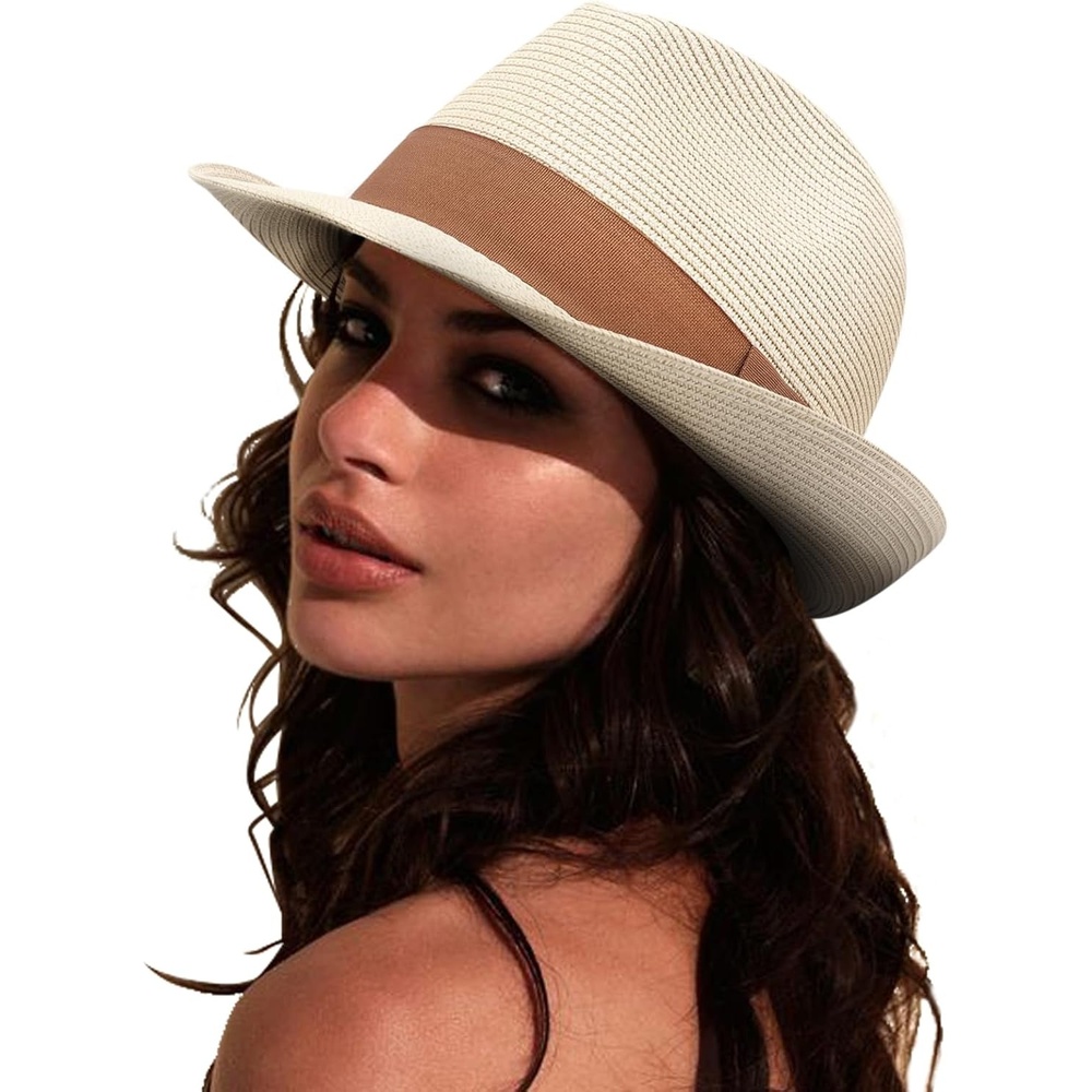 image:imageDRESHOW Women Straw Sun Hat Short Brim Panama Travel Fedora Summer Hat Roll Up Beach Cap for Women UPF 501 Pc Ribbon Straw Hat Beige