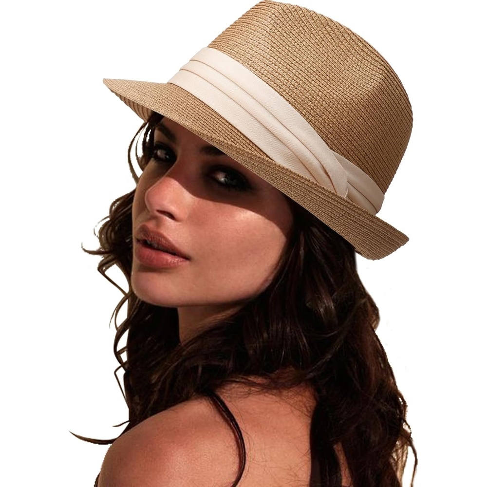 image:imageDRESHOW Women Straw Sun Hat Short Brim Panama Travel Fedora Summer Hat Roll Up Beach Cap for Women UPF 501 Pc Straw Hat Khaki Beige Ribbon