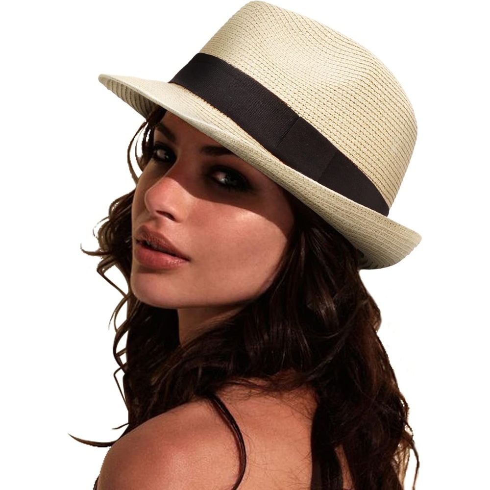 image:imageDRESHOW Women Straw Sun Hat Short Brim Panama Travel Fedora Summer Hat Roll Up Beach Cap for Women UPF 50Ab Beige G