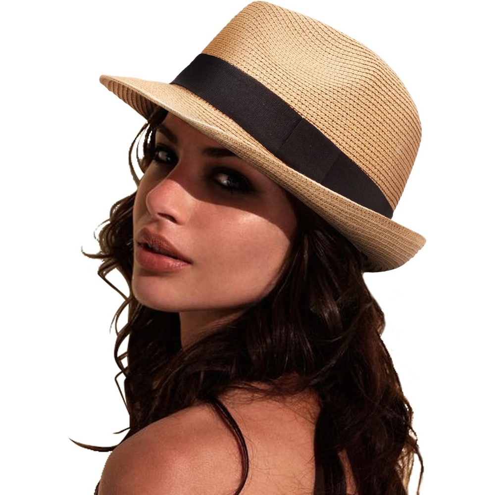 image:imageDRESHOW Women Straw Sun Hat Short Brim Panama Travel Fedora Summer Hat Roll Up Beach Cap for Women UPF 50Ab Khaki G