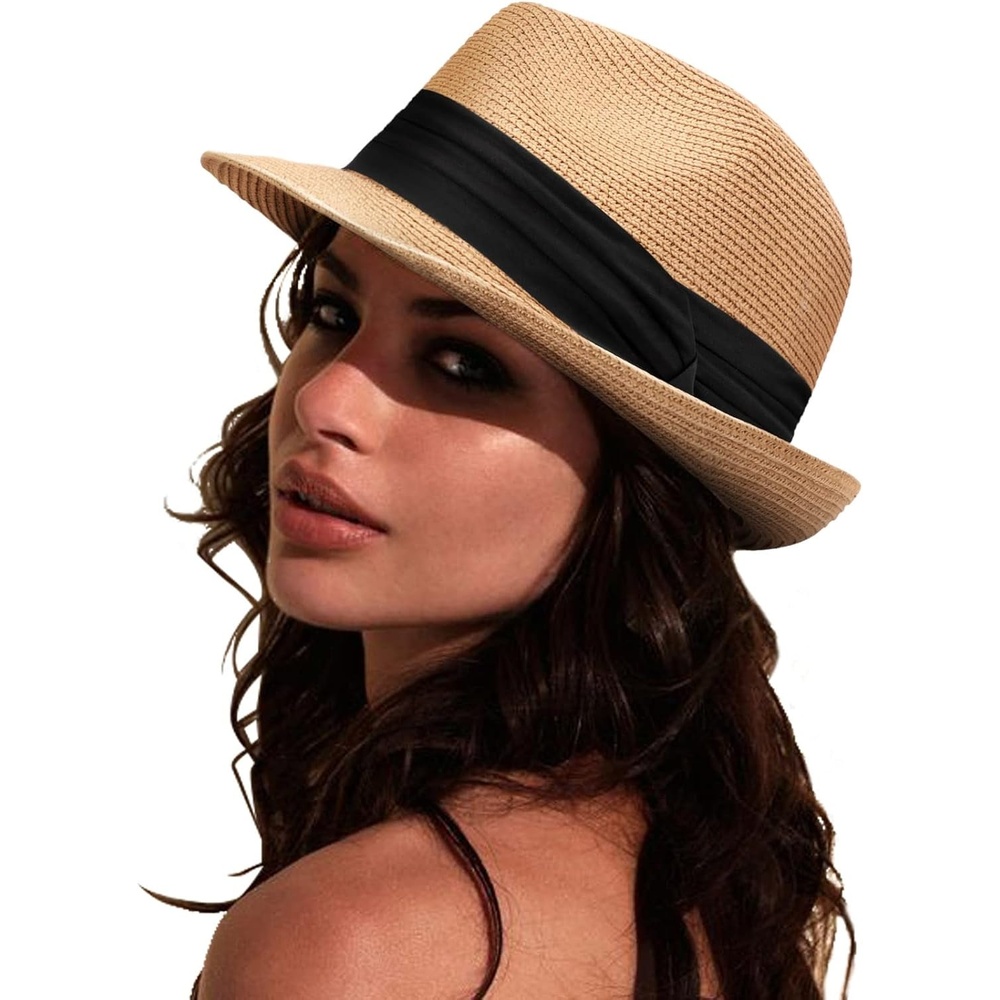 image:imageDRESHOW Women Straw Sun Hat Short Brim Panama Travel Fedora Summer Hat Roll Up Beach Cap for Women UPF 50Khaki Fa