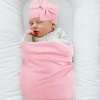 BQUBO Newborn Receiving Blankets Cotton Warm Sleepsack with Mittens & Bow Hats Hospital Baby Swaddling Shower Gift(3 Set Plain: Bow Hat + Mitten + Blanket (C))