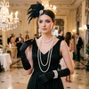 DRESHOW 1920s Great Gatsby Accessories for Women Flapper Headpiece Headband Gloves Costume Harlem Nights Accessories Set(1920s Gatsby Black  Silver Pearl Drop Earrings Set)