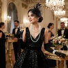 DRESHOW 1920s Great Gatsby Accessories for Women Flapper Headpiece Headband Gloves Costume Harlem Nights Accessories Set(5 Pcs Set Style 2: Black)
