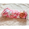 DRESHOW BQUBO Newborn Receiving Blanket with Bow Hat Set Flower Print Baby Swaddle Blankets with Beanie Nursery Swaddle Wrap 3 Sets(1 Set Big Flower Pink With Headband)