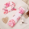 DRESHOW BQUBO Newborn Receiving Blanket with Bow Hat Set Flower Print Baby Swaddle Blankets with Beanie Nursery Swaddle Wrap 3 Sets(1 Set Big Flower Pink With Headband)