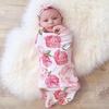 DRESHOW BQUBO Newborn Receiving Blanket with Bow Hat Set Flower Print Baby Swaddle Blankets with Beanie Nursery Swaddle Wrap 3 Sets(1 Set Big Flower Pink With Headband)