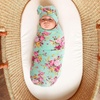 DRESHOW BQUBO Newborn Receiving Blanket with Bow Hat Set Flower Print Baby Swaddle Blankets with Beanie Nursery Swaddle Wrap 3 Sets(1 Set Printed: Bow Hat + Blanket (Classic Green))