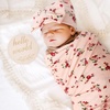 DRESHOW BQUBO Newborn Receiving Blanket with Bow Hat Set Flower Print Baby Swaddle Blankets with Beanie Nursery Swaddle Wrap 3 Sets(3 Floral Sets: Blanket + Bow Hat + Mittens + Birth Announcement Card B)