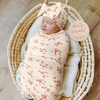 DRESHOW BQUBO Newborn Receiving Blanket with Bow Hat Set Flower Print Baby Swaddle Blankets with Beanie Nursery Swaddle Wrap 3 Sets(3 Floral Sets: Blanket + Bow Hat + Mittens + Birth Announcement Card a)