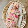 DRESHOW BQUBO Newborn Receiving Blanket with Bow Hat Set Flower Print Baby Swaddle Blankets with Beanie Nursery Swaddle Wrap 3 Sets(3 Floral Sets: Blanket + Bow Hat + Mittens + Birth Announcement Card G)