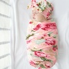 DRESHOW BQUBO Newborn Receiving Blanket with Bow Hat Set Flower Print Baby Swaddle Blankets with Beanie Nursery Swaddle Wrap 3 Sets(3 Floral Sets: Blanket + Bow Hat + Mittens + Birth Announcement Card D)