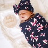 DRESHOW BQUBO Newborn Receiving Blanket with Bow Hat Set Flower Print Baby Swaddle Blankets with Beanie Nursery Swaddle Wrap 3 Sets(3 Floral Sets: Blanket + Bow Hat + Mittens + Birth Announcement Card a)
