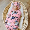 DRESHOW BQUBO Newborn Receiving Blanket with Bow Hat Set Flower Print Baby Swaddle Blankets with Beanie Nursery Swaddle Wrap 3 Sets(3 Sets Printed: Bow Hat + Blanket a)