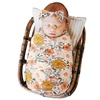 DRESHOW BQUBO Newborn Receiving Blanket with Bow Hat Set Flower Print Baby Swaddle Blankets with Beanie Nursery Swaddle Wrap 3 Sets(Floral Patterned A: Birth Announcement Card + Hat + Elastic Headband + Blanket)