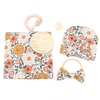 DRESHOW BQUBO Newborn Receiving Blanket with Bow Hat Set Flower Print Baby Swaddle Blankets with Beanie Nursery Swaddle Wrap 3 Sets(Floral Patterned A: Birth Announcement Card + Hat + Elastic Headband + Blanket)