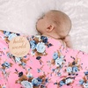 DRESHOW BQUBO Newborn Receiving Blanket with Bow Hat Set Flower Print Baby Swaddle Blankets with Beanie Nursery Swaddle Wrap 3 Sets(Floral Patterned B: Birth Announcement Card + Hat + Elastic Headband + Blanket)