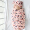 DRESHOW BQUBO Newborn Receiving Blanket with Bow Hat Set Flower Print Baby Swaddle Blankets with Beanie Nursery Swaddle Wrap 3 Sets(Floral Patterned: Birth Announcement Card + Hat + Elastic Headband + Blanket)