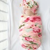 DRESHOW BQUBO Newborn Receiving Blanket with Bow Hat Set Flower Print Baby Swaddle Blankets with Beanie Nursery Swaddle Wrap 3 Sets(Rose Patterned: Birth Announcement Card + Hat + Elastic Headband + Blanket)