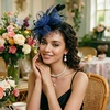 DRESHOW Fascinators Hat Flower Mesh Ribbons Feathers on a Headband and a Clip Tea Party Headwear for Girls and Women(7″ Diameter / Black & Blue)
