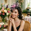 DRESHOW Fascinators Hat Flower Mesh Ribbons Feathers on a Headband and a Clip Tea Party Headwear for Girls and Women(7″ Diameter / Black & Pink)