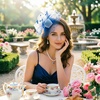DRESHOW Fascinators Hat Flower Mesh Ribbons Feathers on a Headband and a Clip Tea Party Headwear for Girls and Women(7″ Diameter / Blue & Light Blue)