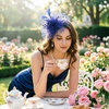 DRESHOW Fascinators Hat Flower Mesh Ribbons Feathers on a Headband and a Clip Tea Party Headwear for Girls and Women(7″ Diameter / Blue Violet)